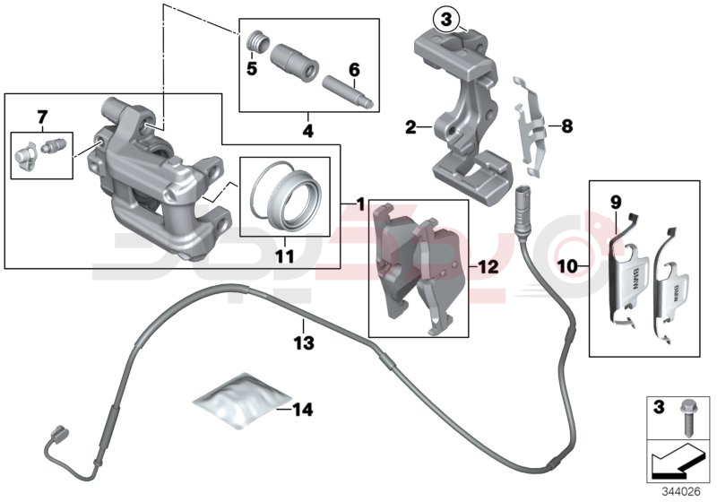 Rear wheel brake, brake pad sensor 1