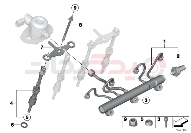 High-pressure rail/injector/mounting