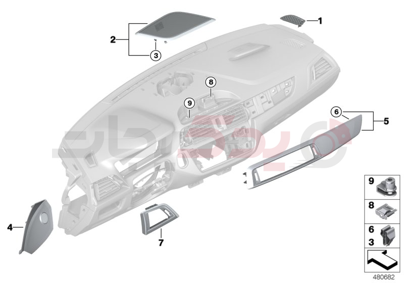 Mounting parts, instrument panel, top 1